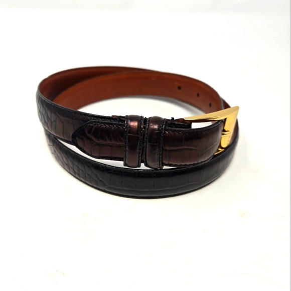 RALPH LAUREN GENUINE LEATHER METALLIC OXBLOOD TEXTURED BELT WOMEN LARGE CLASSIC - Picture 1 of 15